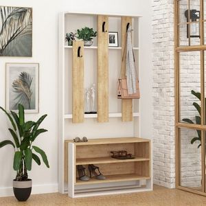 Cuier cu pantofar, Decortie, Chester, 90 x 180 x 36 cm, pal melaminat, alb/stejar imagine