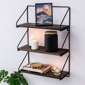 Raft pentru perete, Cerritos, Violaceae, 60 x 40 x 15 cm, lemn de molid/metal, negru/nuc imagine
