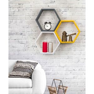 Raft de perete, Asse Home, Elfo, 58x38x9 cm, Alb / Antracit / Galben imagine