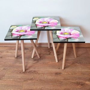 Set masute 3 piese, Leona, 3Shp299, MDF , Alb / Roz / Gri / Galben imagine