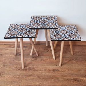 Set masute 3 piese, Leona, 3Shp32, MDF , Albastru marin / Albastru / Roșu bordeaux imagine