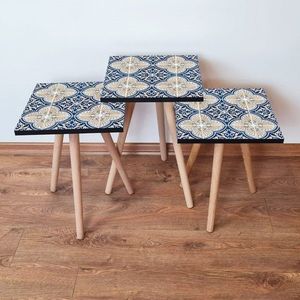 Set masute 3 piese, Leona, 3Shp40, MDF , Bleumarin / Bej / Alb imagine