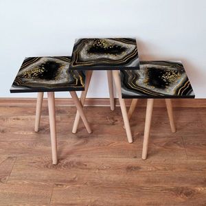 Set masute 3 piese, Leona, 3Shp76, MDF , Negru / Alb / Auriu imagine