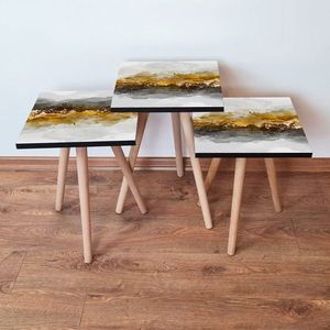 Set masute 3 piese, Leona, 3Shp81, MDF , Alb / Negru / Auriu imagine