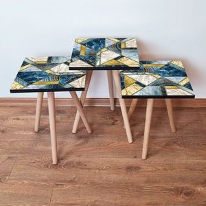 Set masute 3 piese, Leona, 3Shp84, MDF , Bleumarin / Albastru / Auriu / Alb imagine