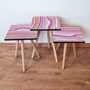 Set masute 3 piese, Leona, 3Shp88, MDF , Roz / Alb / Auriu imagine