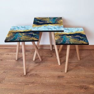 Set masute 3 piese, Leona, 3Shp90, MDF , Bleumarin / Albastru / Auriu / Alb imagine