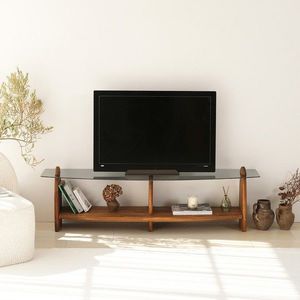 Comoda TV, Neostill, Surf, 160x45x35 cm, Sticla temperata, Castan / Fume imagine
