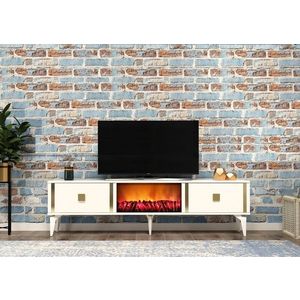 Comoda TV, Olivia, Doruk Fireplace, 150x44 cm, PAL , Alb/Auriu imagine
