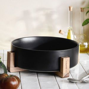 Bol salata Fincan, Homla, 32 cm, portelan/lemn, negru/natur imagine