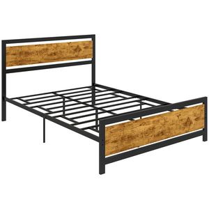 HOMCOM Cadru de Pat Single din Lemn și Oțel 140x200cm, Sipci, Tetieră Stil Industrial, Negru/Maro Rustic | Aosom Romania imagine