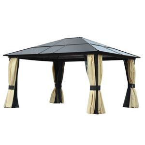 Outsunny Pavilion de grădină Hardtop 4.2 x 3.6 m, Draperii cu plasă împotriva insectelor, Structură din aluminiu, Maro+Crem | Aosom Romania imagine