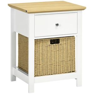 HOMCOM Masă de Noapte cu Sertar și Coș din Răchită Pliabil Masă Auxiliară pentru Sufragerie Dormitor 49x39x64 cm Alb și Natural | Aosom Romania imagine