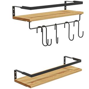 HOMCOM Set de 2 rafturi murale cu 6 cârlige detașabile și trăgaci, stil industrial pentru bucătărie, baie, lemn oțel | Aosom Romania imagine