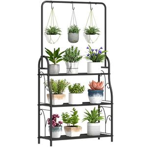 Outsunny Etagere à fleurs 3 niveaux suport de plante pentru interior și exterior din metal 3 cârlige 75 x 25 x 137 cm negru | Aosom Romania imagine