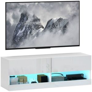 HOMCOM Dulap TV montat pe perete cu LED-uri, 16 moduri de clipire, Dulap TV montat pe perete, Rafturi deschise, 120 x 35 x 40, 5 cm, Alb | Aosom Romania imagine