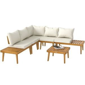 Outsunny Salon de grădină în aer liber, 5 locuri, modular din lemn de acacia, canapea unghiulară în aer liber cu masă de cafea și perne | Aosom Romania imagine
