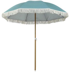 Outsunny Umbrelă de plajă mâner efect lemn Ø 1, 7 m, umbrelă mare cu ciucuri înălțime reglabilă, UPF50+ sac de transport, bleu deschis | Aosom Romania imagine