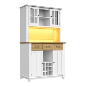 Dulap înalt pentru bucătărie cu iluminare LED, Culoare naturală+Alb | Aosom Romania imagine