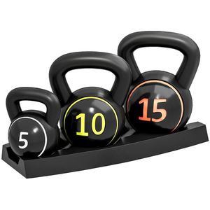 SPORTNOW Set 3 Kettlebell de 2.2 kg, 4.5 kg și 6.8 kg cu Suport pentru Greutăți, din Plastic și Nisip, Negru | Aosom Romania imagine