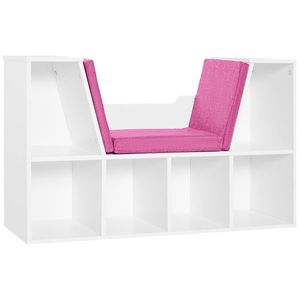 HOMCOM Bibliotecă Banc 2 în 1 Design Contemporan 6 casete 3 Perne incluse 102L x 30l x 61H cm Alb Roz | Aosom Romania imagine