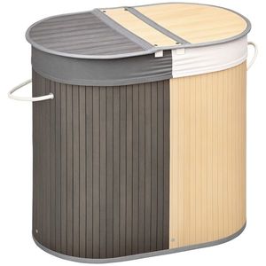 HOMCOM Cos de rufe din bambus 100L cu 2 sectiuni, capac si sac detasabil 62, 5 x 37 x 60, 5 cm - gri | Aosom Romania imagine