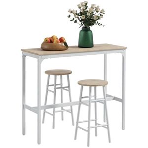 HOMCOM Set masă înaltă de bar + 2 taburete structură din oțel blat aspect lemn natural 2 persoane alb | Aosom Romania imagine