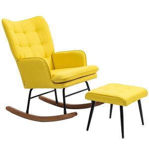 HOMCOM Scaun Fâșnâit cu Taburet Design Scandinav, Scaun Fâșnâit cu Taburet, Lemn de Fag, Captuseala, 64 cm x 89 cm x 90 cm Galben | Aosom Romania imagine