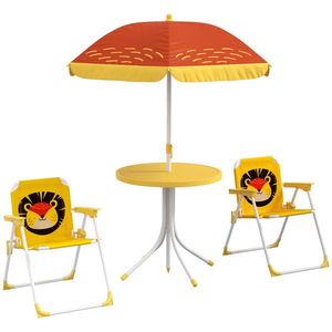 Outsunny Set mobilier de grădină pentru copii 4 piese motiv de leu cu umbrelă reglabilă Ø 100 cm scaun pliabil galben | Aosom Romania imagine