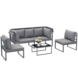Outsunny Salon de gradina exterior 4 piese modular cu canapea, scaun și masă de cafea din sticlă temperată, incluse perne, gri | Aosom Romania imagine
