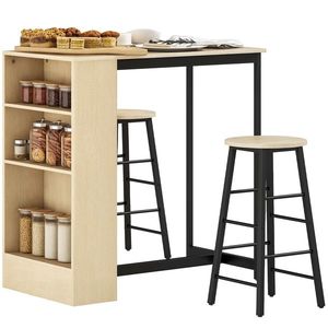 HOMCOM Set masă de bar cu tabureți, compartimente deschise, raft reglabil și suporturi pentru picioare, stejar și negru | Aosom Romania imagine