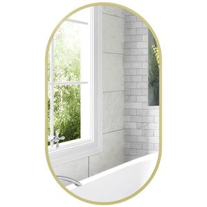 HOMCOM Marele miroir oval de perete cu cadru din aluminiu în stil minimalist, montaj vertical sau orizontal cu 3 cârlige, 40 x 70 cm, auriu | Aosom Romania imagine