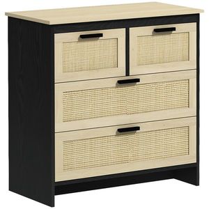 HOMCOM Comodă 4 Sertare, Mobilier Sufragerie/Dormitor, PAL și Ratan, 80x38x80cm, Negru/Lemn Natural | Aosom Romania imagine