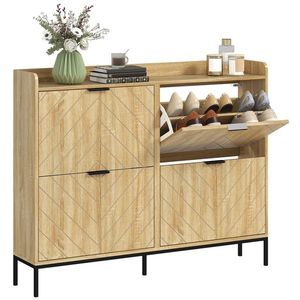 HOMCOM Mobila de pantofi 16 perechi cu 4 sertare, uși rabatabile, rafturi reglabile, 110 x 23, 5 x 95, 5 cm, stejar | Aosom Romania imagine