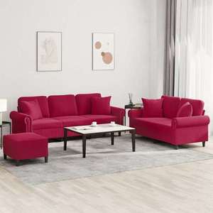 vidaXL Set canapele cu perne, 3 piese, roșu vin, catifea imagine