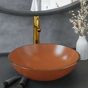 vidaXL Chiuvetă baie, robinet și scurgere tip push, maro sticlă călită imagine