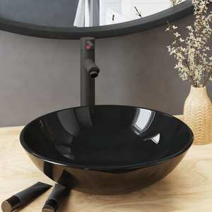 vidaXL Chiuvetă baie, robinet&scurgere tip push, negru, sticlă călită imagine