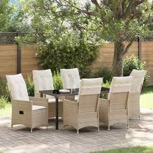vidaXL Set de masă pentru grădină cu pernă 7 pcs Bej Rattan poli imagine