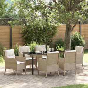 vidaXL Set de masă pentru grădină cu pernă 7 pcs Bej Rattan poli imagine