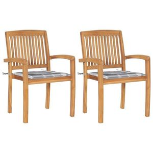 vidaXL Scaune grădină, perne gri model carouri, 2 buc., lemn masiv tec imagine