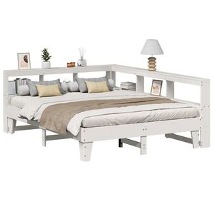 vidaXL Pat cu bibliotecă fără saltea, alb, 140x200 cm, lemn masiv pin imagine