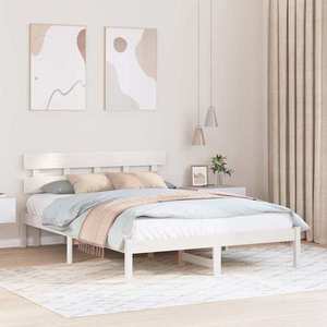 vidaXL Cadru de pat cu headboard Alb 150 x 200 cm Lemn masiv de pin imagine