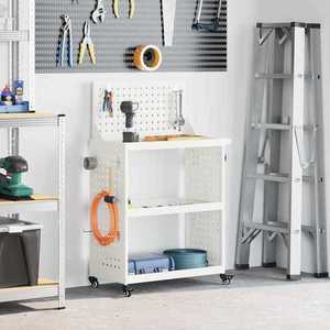 vidaXL Cărucior pentru unelte cu raft cu roata Alb 65 x 35 x 111 cm imagine
