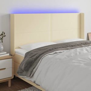vidaXL Tăblie de pat cu LED, crem, 203x16x118/128 cm, piele ecologică imagine