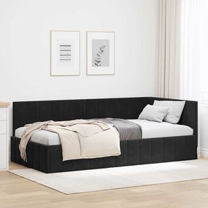 vidaXL Cadru de pat colțar cu headboard Negru 90 cm x 190 cm țesătură imagine