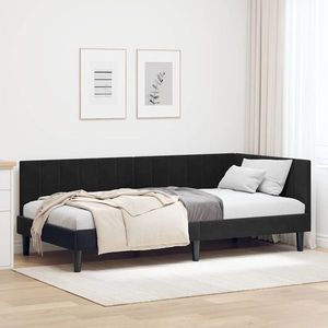 vidaXL Cadru de pat colțar cu headboard Negru 90 cm x 200 cm țesătură imagine