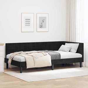vidaXL Cadru de pat colțar cu headboard Negru 90 cm x 200 cm țesătură imagine