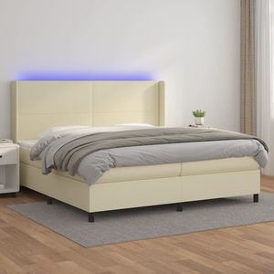 vidaXL Pat cu arcuri, saltea și LED, crem, 200x200 cm, piele ecologică imagine