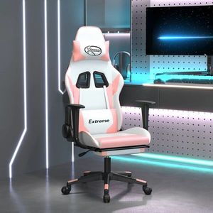 vidaXL Scaun gaming de masaj/suport picioare, alb/roz, piele ecologică imagine