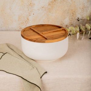 Bol cu capac Mooka, Homla, 24x13.5 cm, ceramica/lemn de salcam, alb/maro imagine
